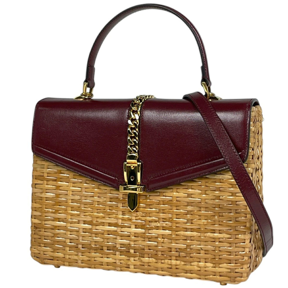 Gucci Woven 2way Shoulder Bag Rattan Beige Cream Bordeaux Purple